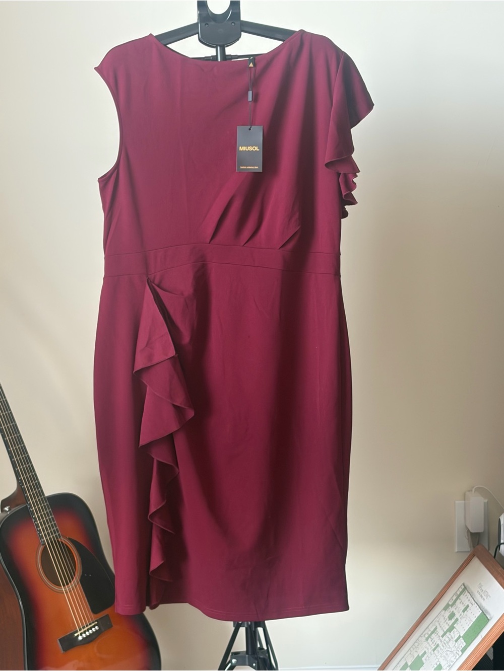 NWT — Miusol Burgundy Ruffle Dress + Gold Jewelry